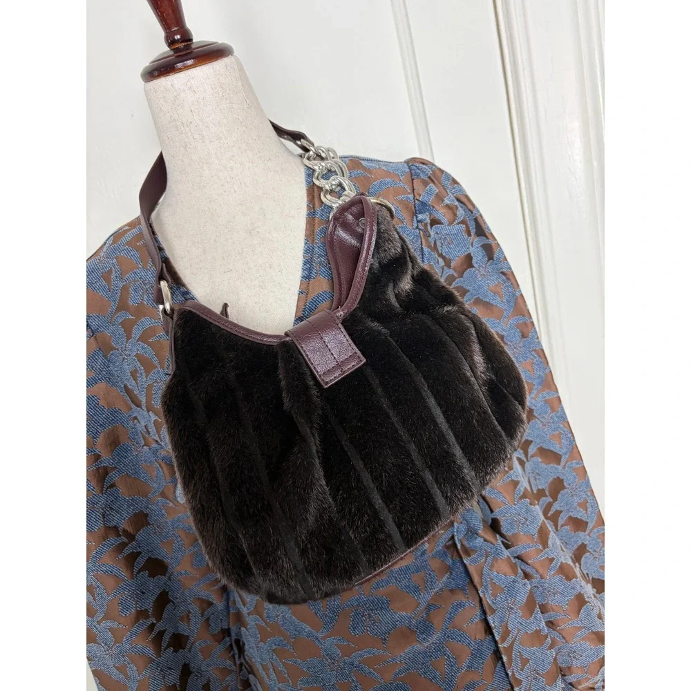 Vintage Brown Faux Fur‎ Hobo Bag Silver Chain Strap Burgundy Buckle Shoulder Bag